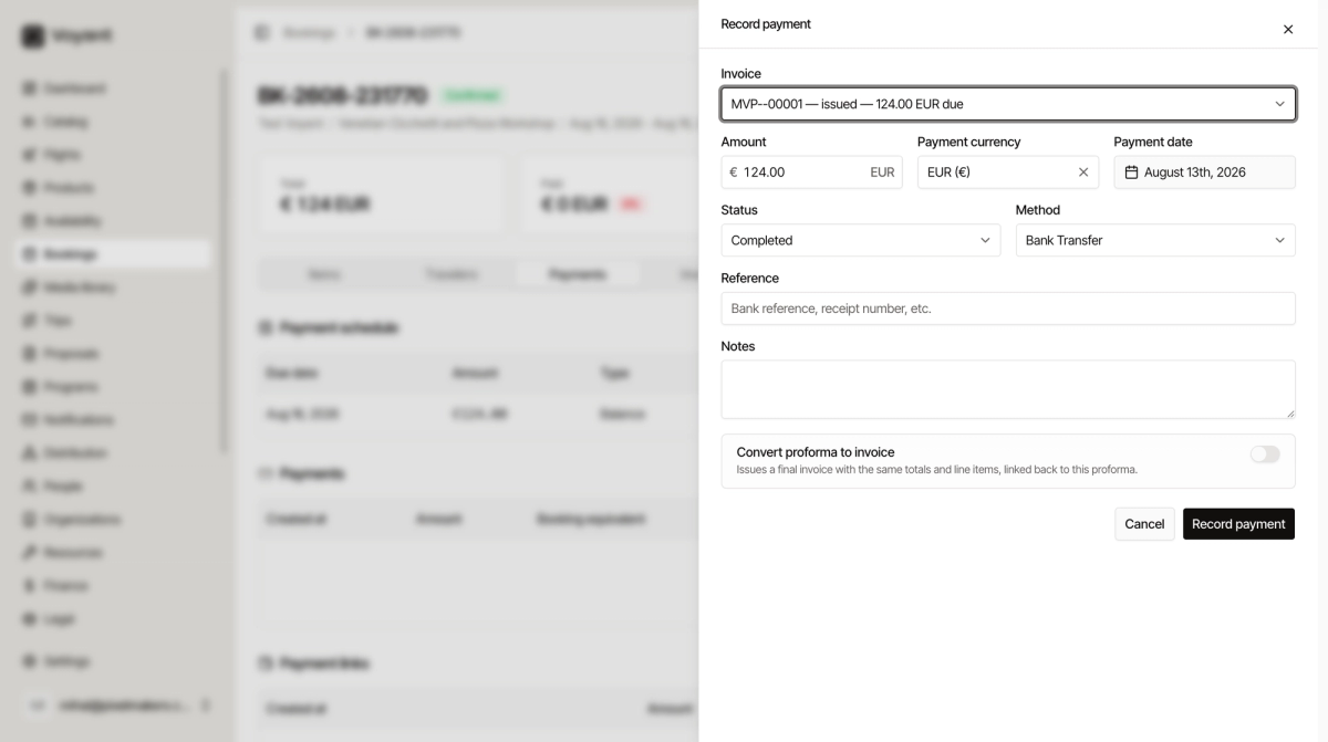 The Record payment panel showing the invoice being settled, amount, currency, date, status, method, reference and a convert proforma toggle