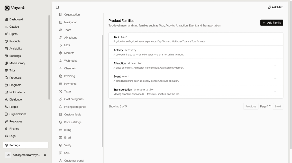 The product families settings page listing tour, activity, attraction, event and transportation, each with a code and a description