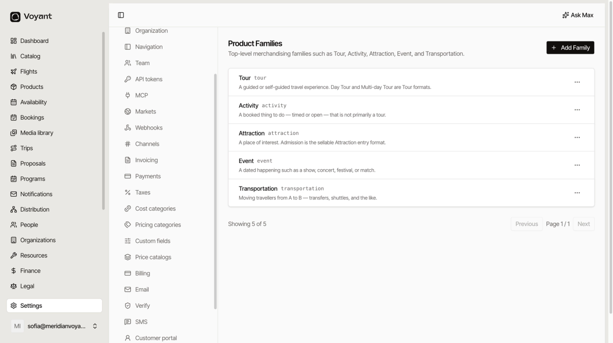 The product families settings page listing tour, activity, attraction, event and transportation, each with a code and a description