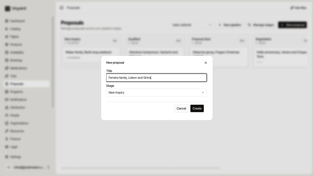 The New proposal dialog with a title field and a stage selector set to New Inquiry