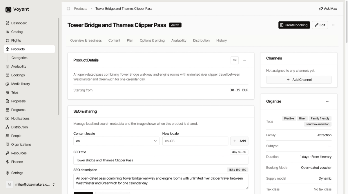 The product page for an open-dated Tower Bridge and Thames Clipper pass