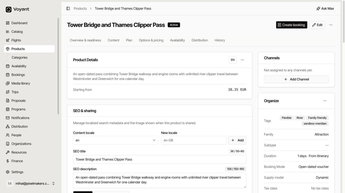 The product page for an open-dated Tower Bridge and Thames Clipper pass