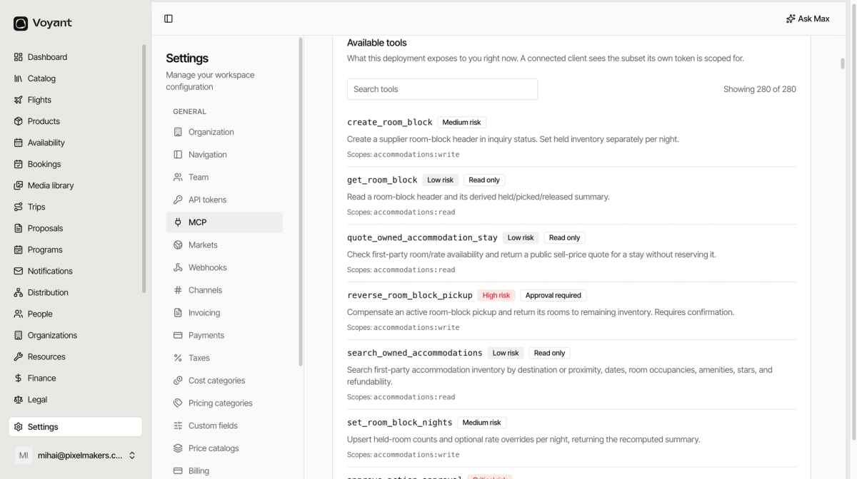 The available tools list on the MCP settings page showing 280 tools, each with a risk level, some marked read only or approval required, and the scopes each needs