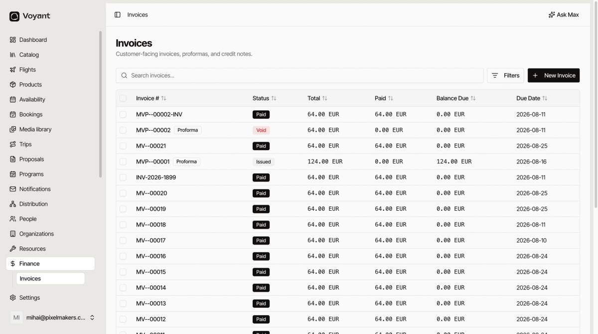 The invoices list showing invoices and proformas with statuses of Paid, Void and Issued, alongside totals, paid amounts, balances and due dates