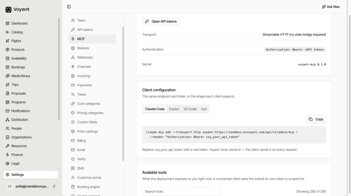 The for developers section of the MCP page showing transport, authentication and server details, and a client configuration card with tabs for Claude Code, Cursor, VS Code and curl