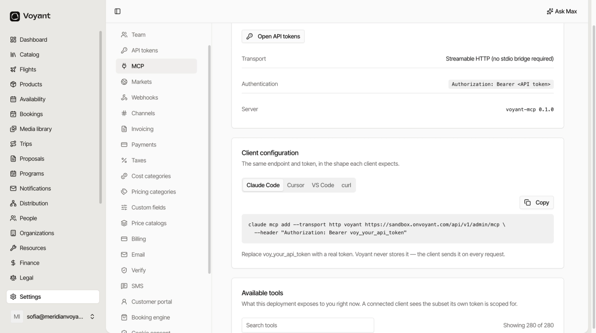 The for developers section of the MCP page showing transport, authentication and server details, and a client configuration card with tabs for Claude Code, Cursor, VS Code and curl