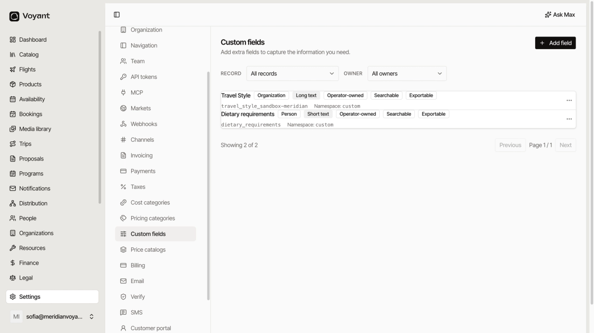 The custom fields settings page listing a travel style field on organizations and a dietary requirements field on people, both marked searchable and exportable