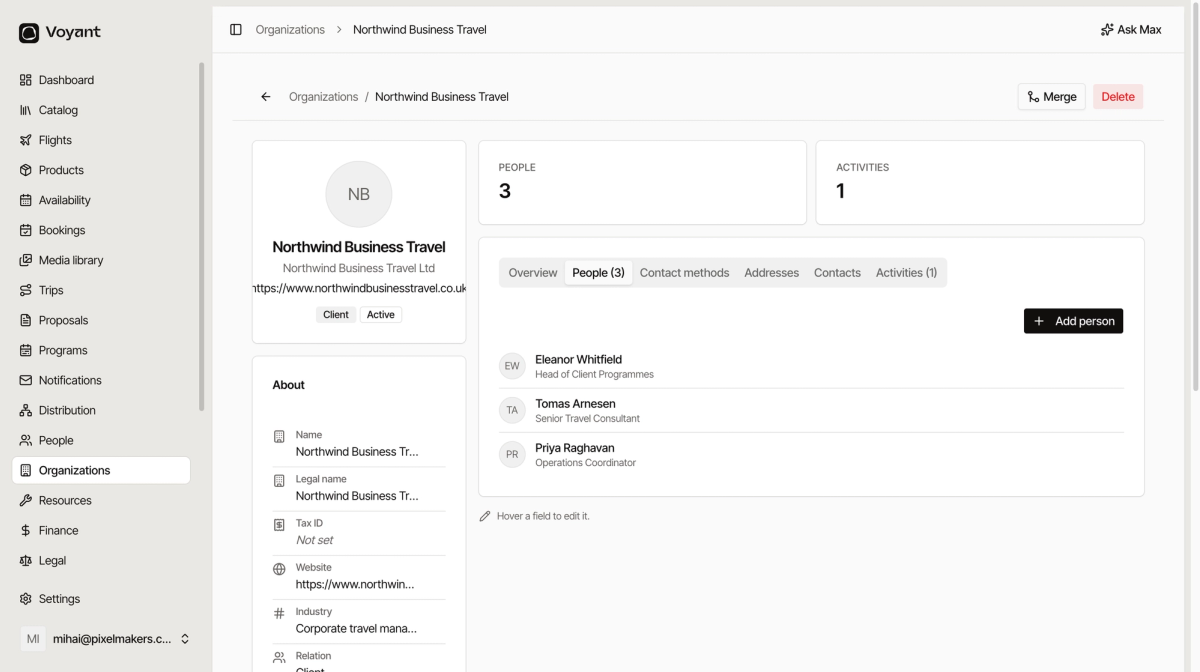 The people tab on an organization listing three staff with their job titles, and an Add person button