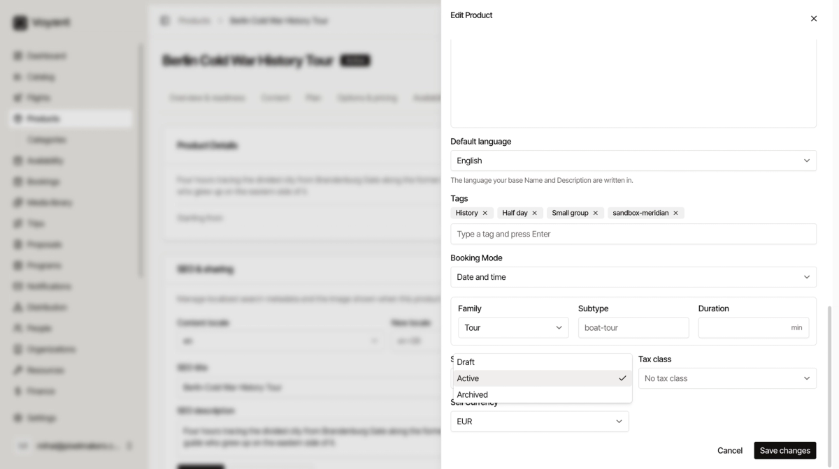The Edit Product panel with the Status dropdown open showing Draft, Active and Archived