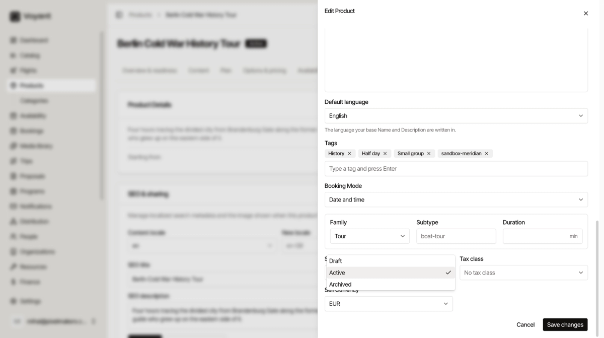 The Edit Product panel with the Status dropdown open showing Draft, Active and Archived