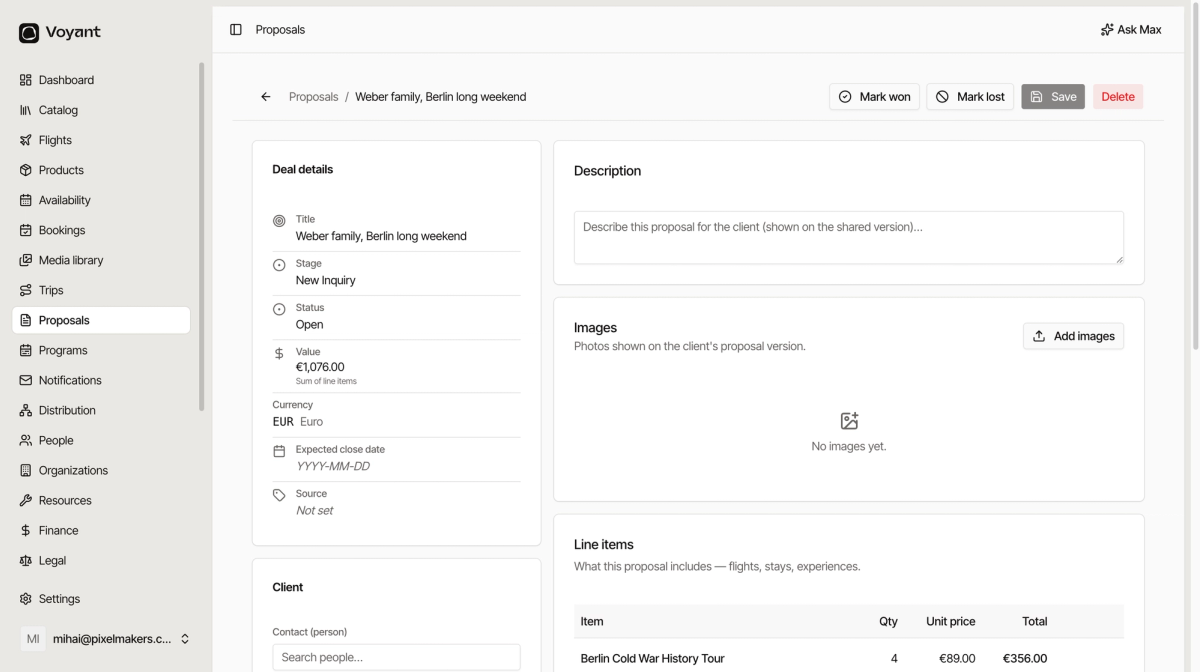 A proposal page with deal details on the left showing title, stage, status, value and currency, and a description field on the right