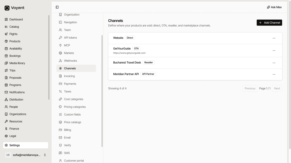 The channels settings page listing a direct website channel, an OTA channel for GetYourGuide, a reseller and an API partner