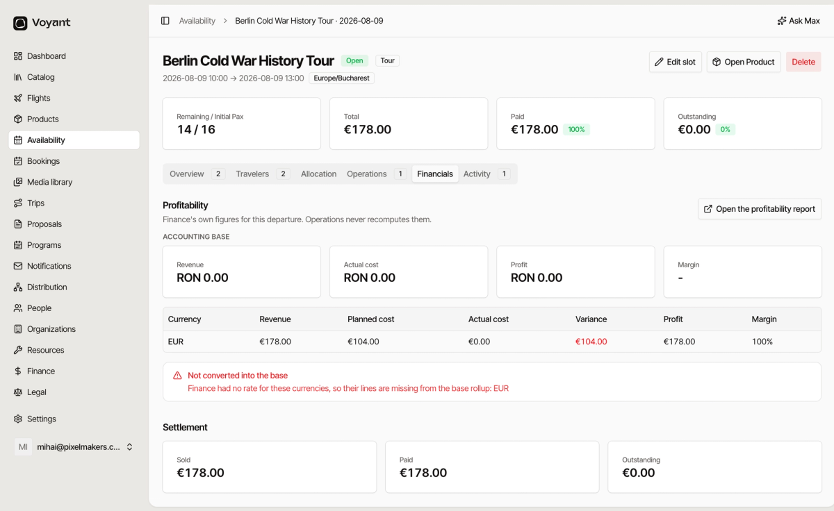The Financials tab showing an accounting base rollup, a per-currency table with revenue, planned cost, profit and margin, and a settlement summary