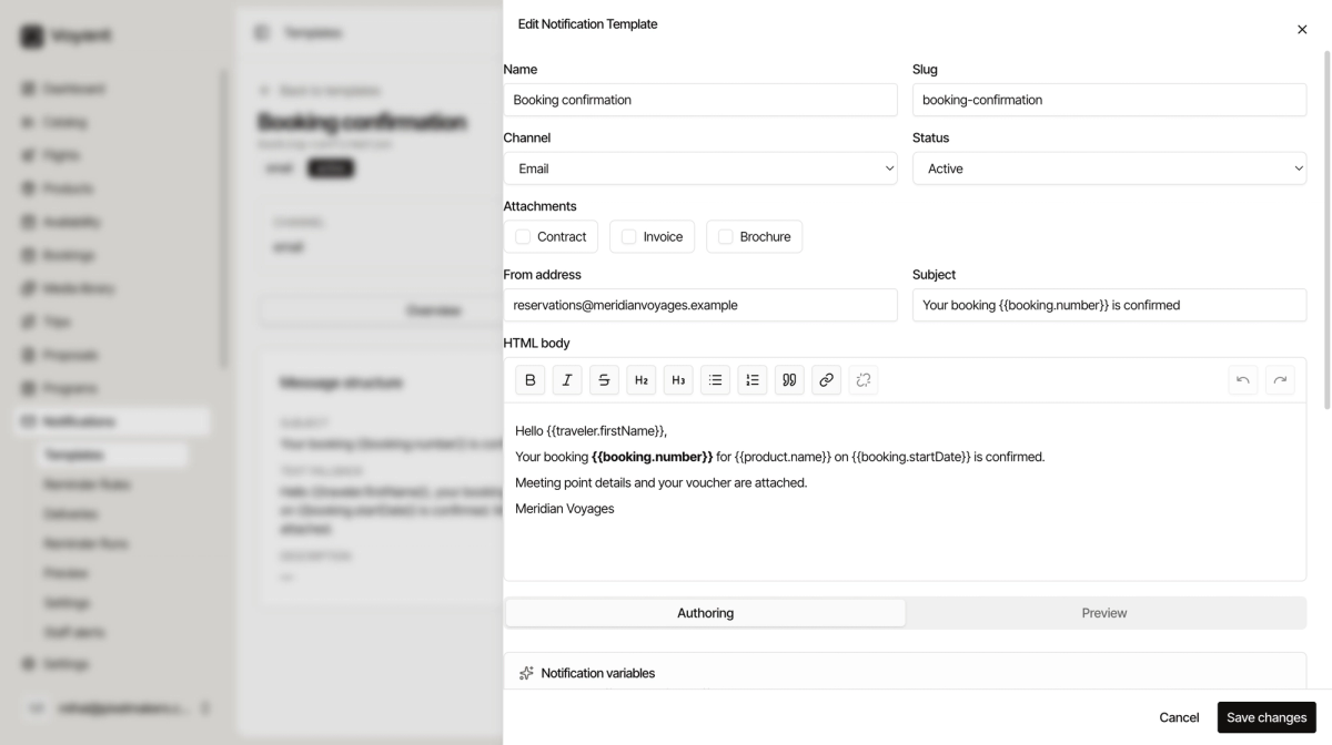 The Edit Notification Template panel showing name, slug, channel, status, attachments, from address, a subject containing a merge field, and an HTML body editor