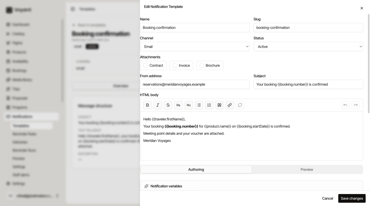 The Edit Notification Template panel showing name, slug, channel, status, attachments, from address, a subject containing a merge field, and an HTML body editor