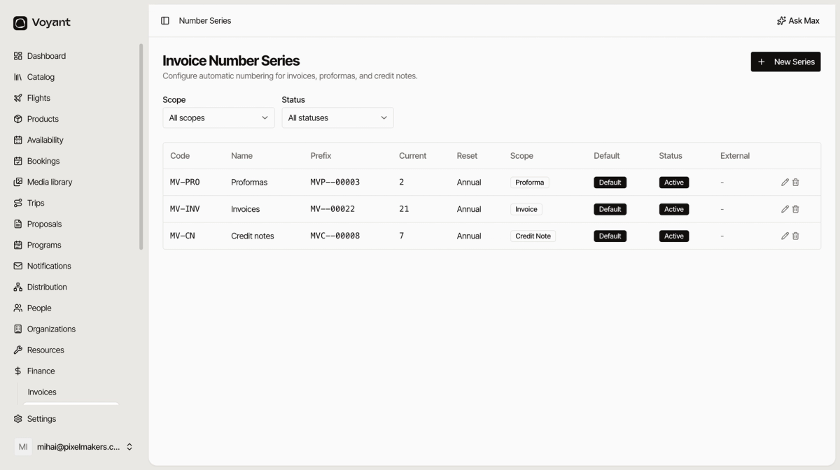 The invoice number series screen showing three series for proformas, invoices and credit notes with their prefixes, current numbers and annual reset