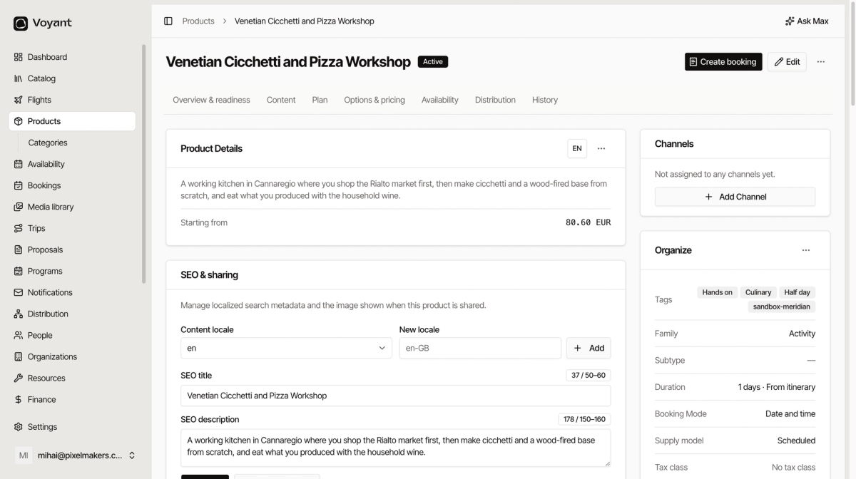 The product page for a Venetian cooking workshop, with Family set to Activity in the Organize panel