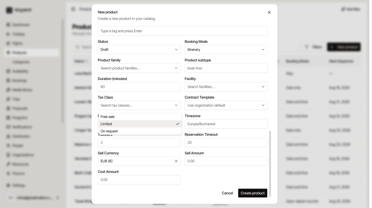 The Capacity Mode dropdown open showing Free sale, Limited and On request