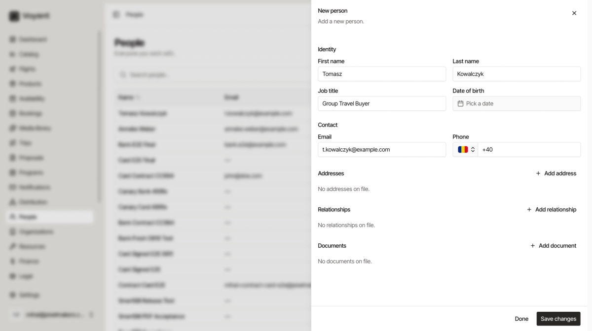 The people list showing contacts with their names, emails, relation and active status