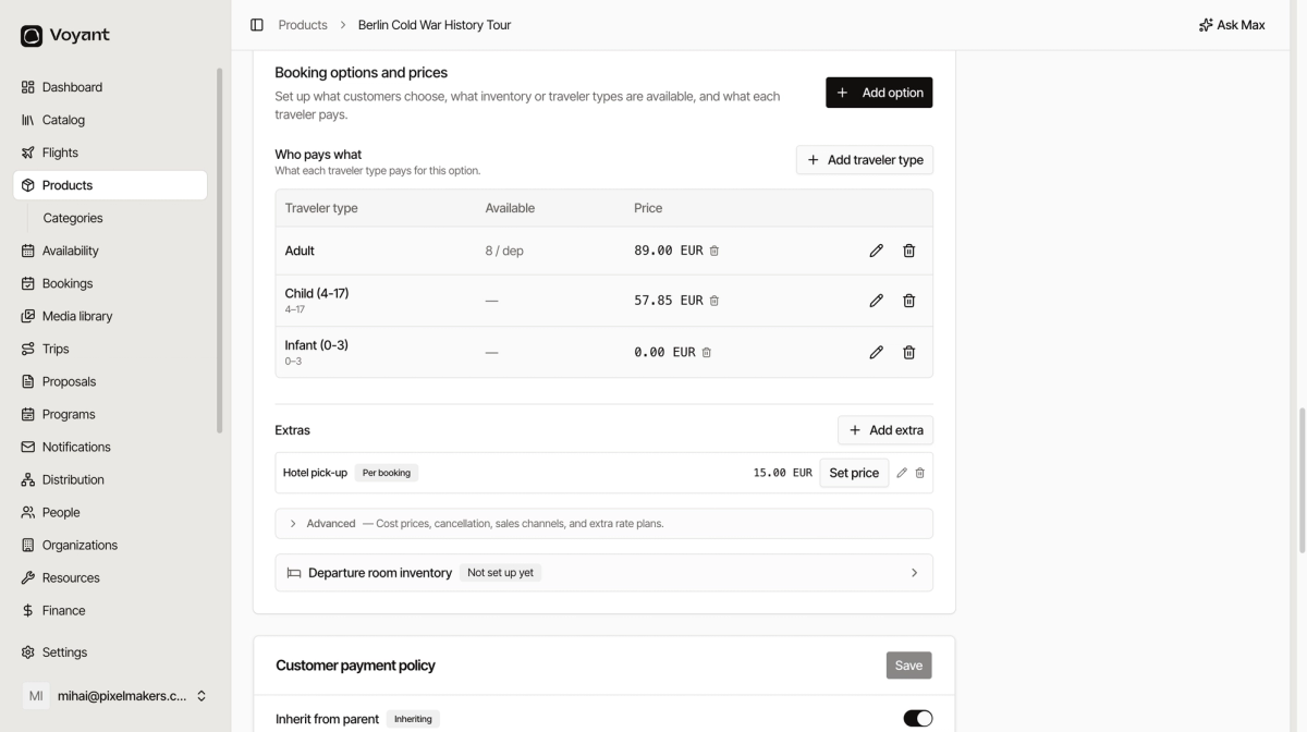 A date and time product showing a Who pays what table with Adult, Child and Infant prices