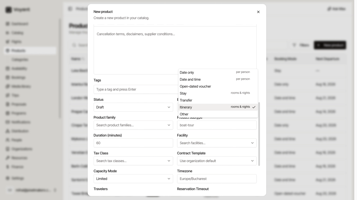 The Booking Mode dropdown open, showing seven options from Date only to Other