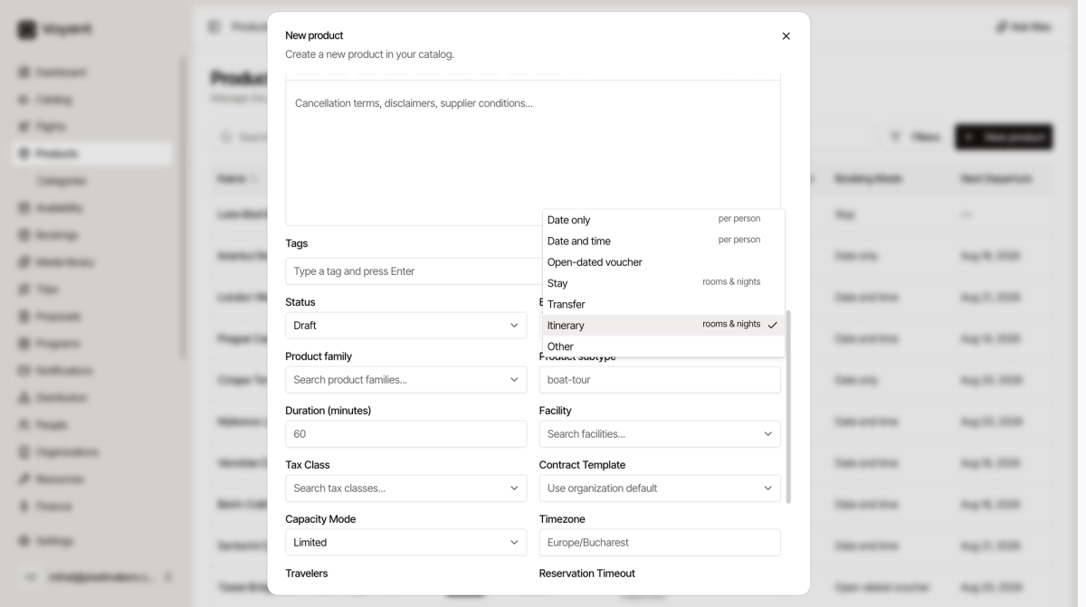The Booking Mode dropdown open, showing seven options from Date only to Other