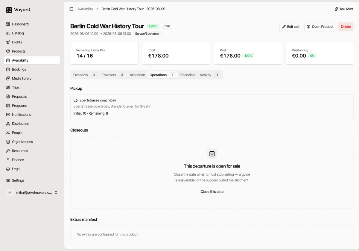The Operations tab showing a pickup point with initial and remaining capacity, a closeouts panel, and an extras manifest