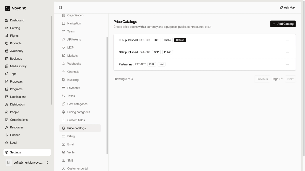 The price catalogs settings page listing a published EUR public default catalog, a GBP public catalog and a partner net catalog in EUR