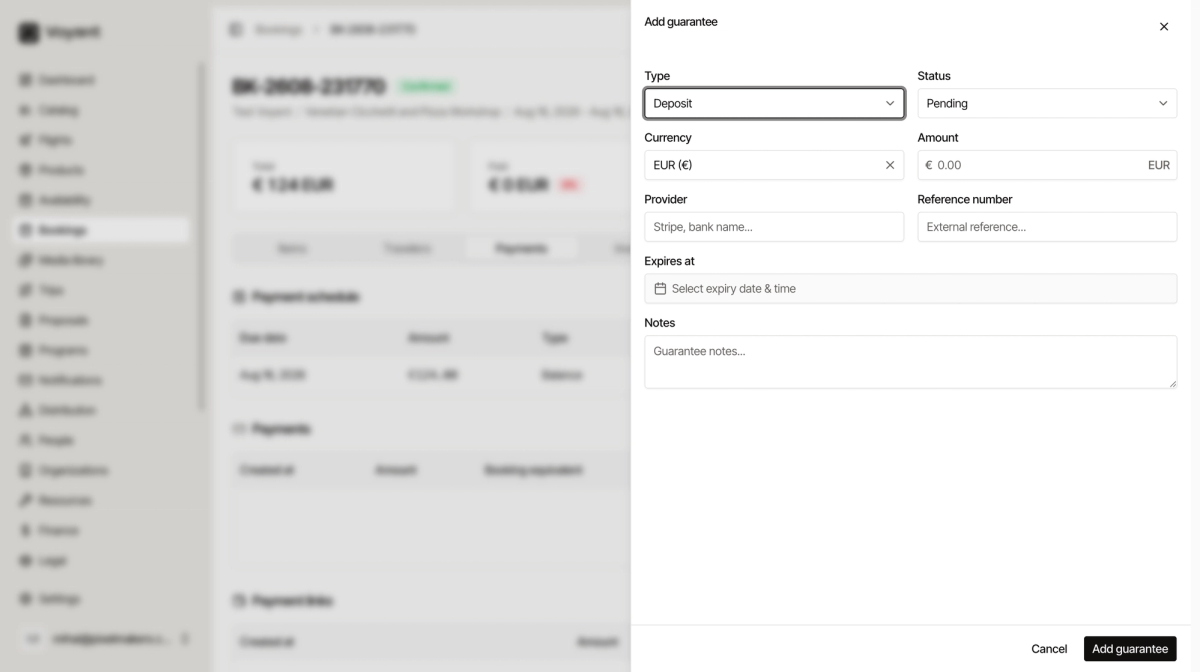 The Add guarantee panel with type, status, currency, amount, provider, reference number, expiry and notes fields