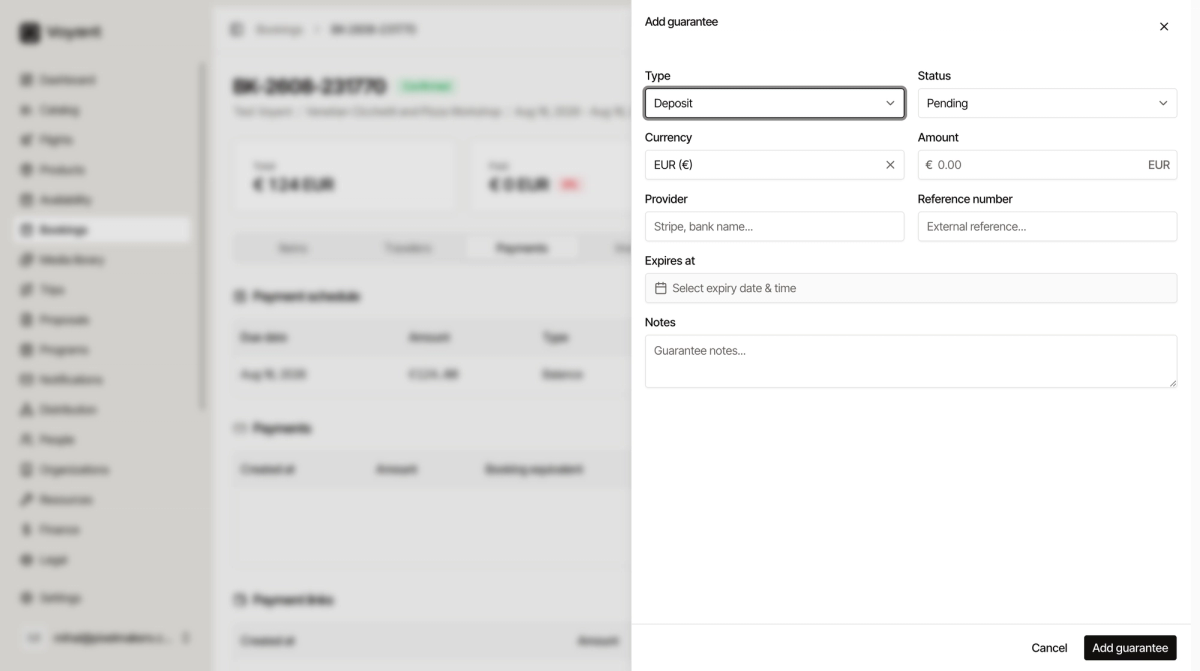 The Add guarantee panel with type, status, currency, amount, provider, reference number, expiry and notes fields
