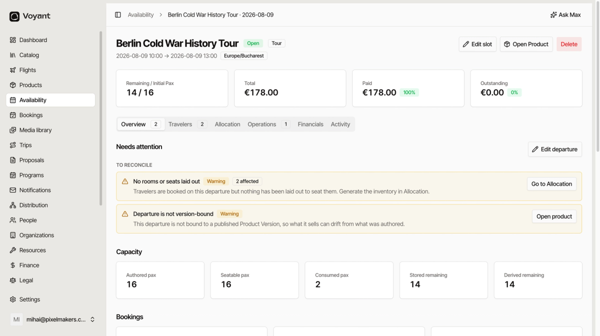 The departure page for a Berlin tour on 9 August, showing places remaining, money totals and six tabs
