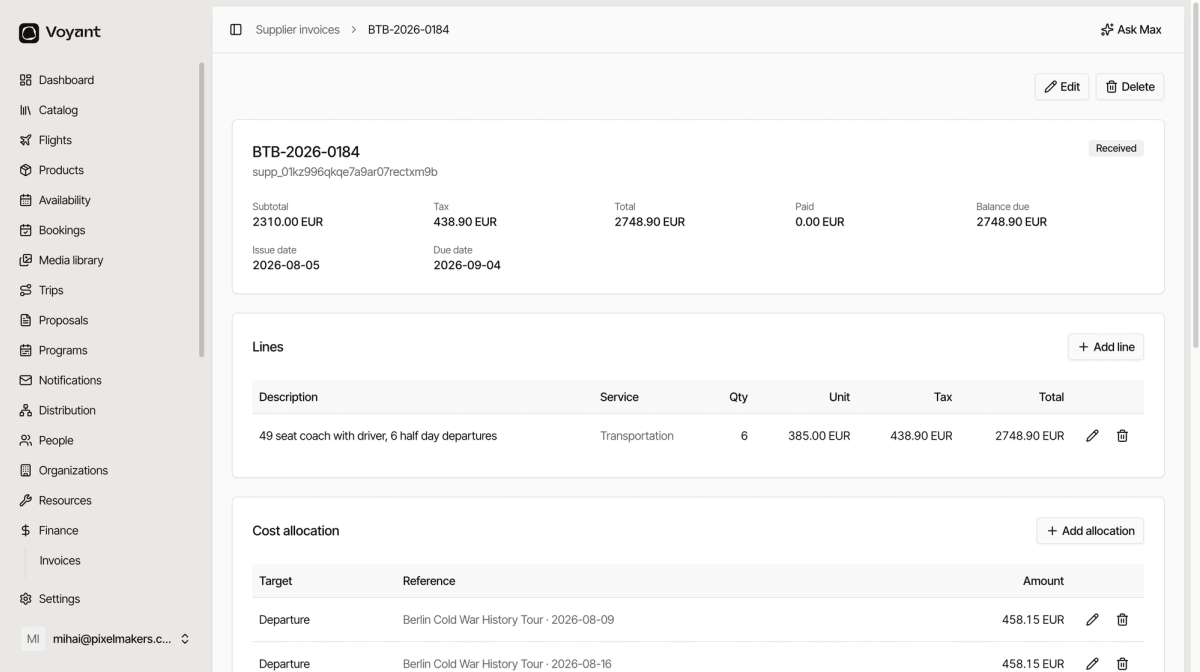 A supplier invoice for coach hire showing subtotal, tax and total, one transportation line, and a cost allocation table splitting the total across six departures with an unattributed remainder of zero