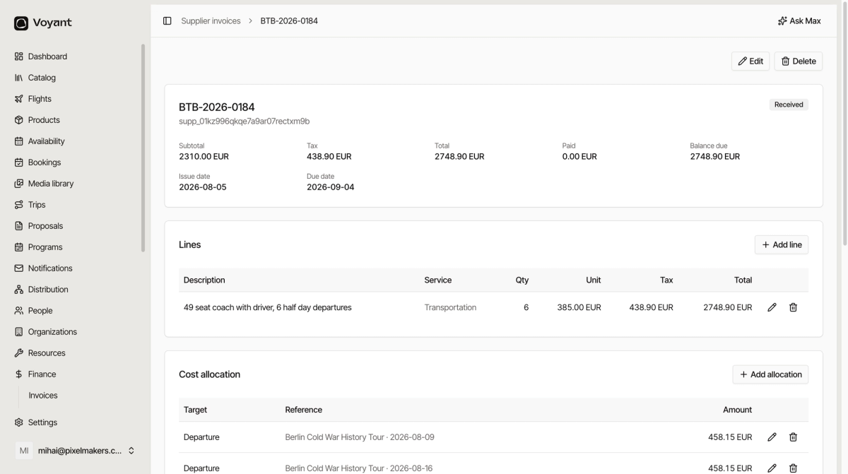 A supplier invoice for coach hire showing subtotal, tax and total, one transportation line, and a cost allocation table splitting the total across six departures with an unattributed remainder of zero