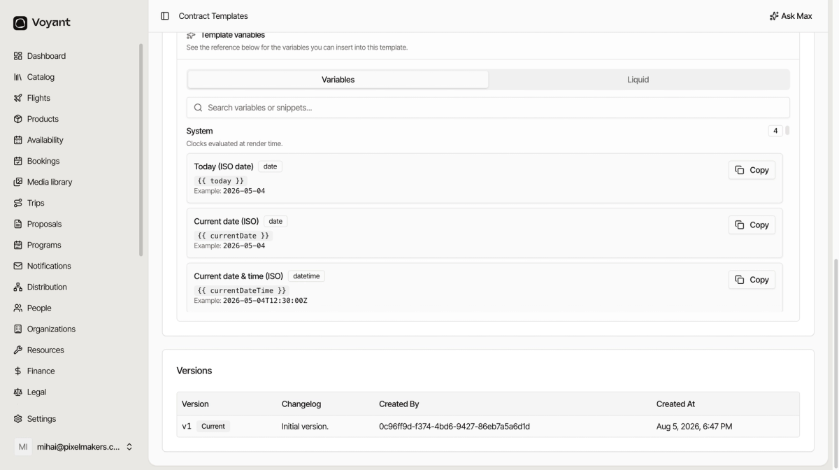 The template variables reference showing system variables with their placeholder text, example output and a copy button, above a versions table