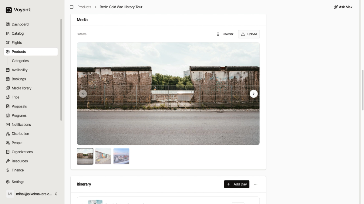 The Media section on a product page showing three photos uploaded to a tour