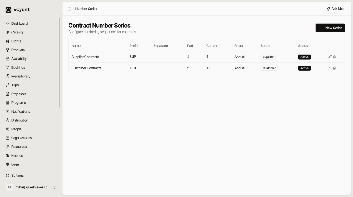 The contract number series screen showing a supplier contracts series with prefix SUP and a customer contracts series with prefix CTR, both resetting annually