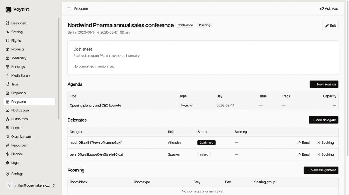 A program page showing the cost sheet, an agenda with a keynote session, and a delegates table