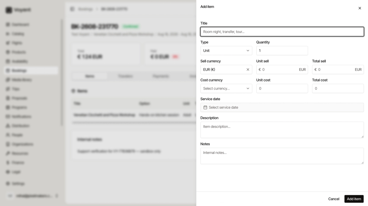 The Add item panel with fields for title, type, quantity, sell and cost currencies and amounts, service date, description and notes