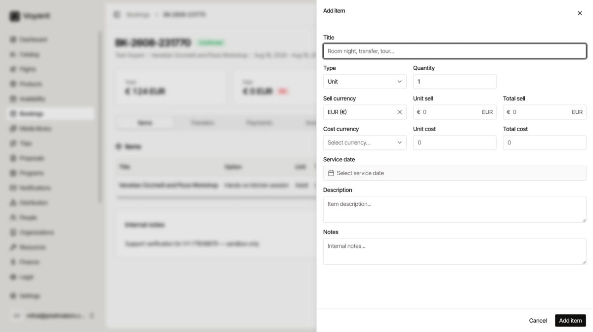 The Add item panel with fields for title, type, quantity, sell and cost currencies and amounts, service date, description and notes