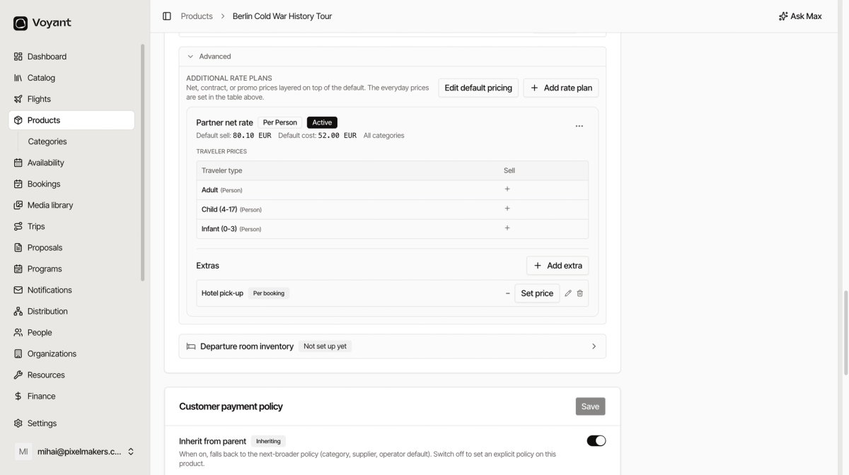 The Advanced area expanded, showing a Partner net rate plan with default sell and cost amounts