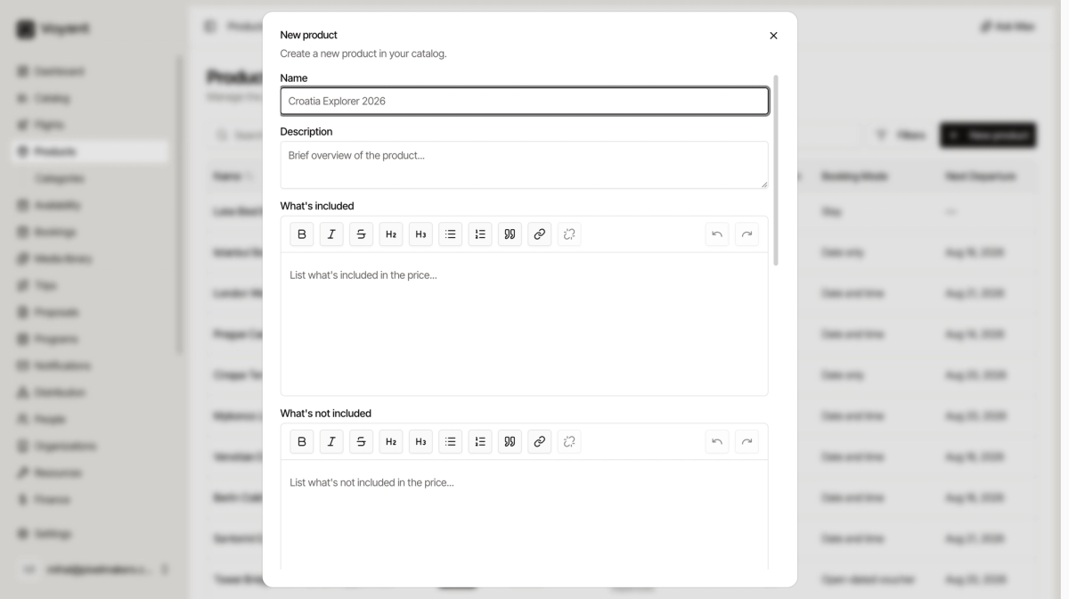The New product dialog showing the Name, Description, What is included and What is not included fields
