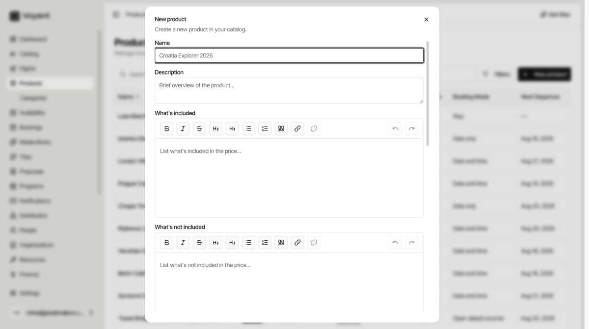 The New product dialog showing the Name, Description, What is included and What is not included fields