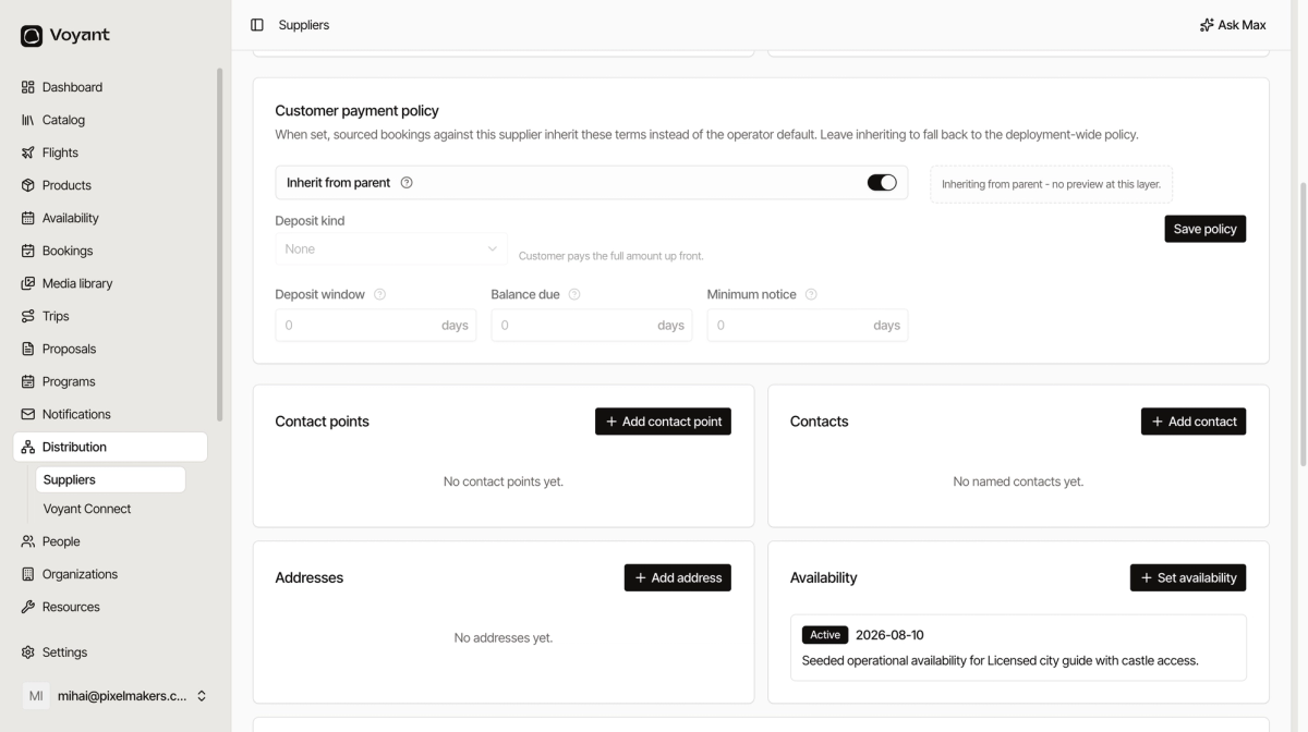 The customer payment policy panel on a supplier, inheriting from parent with deposit kind, deposit window, balance due and minimum notice fields greyed out