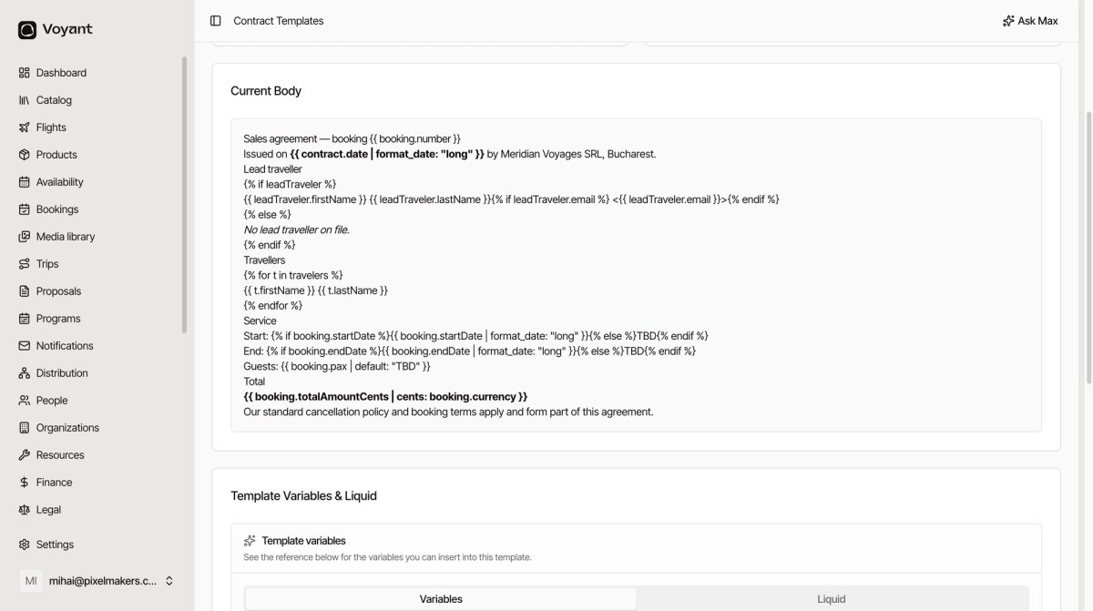 A contract template body showing plain wording mixed with placeholders such as booking number, contract date, traveller names and the booking total