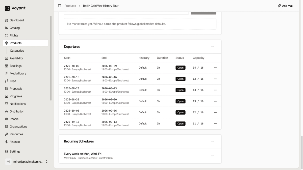A product page showing six weekly departures above a recurring schedule that reads Every week on Mon, Wed, Fri