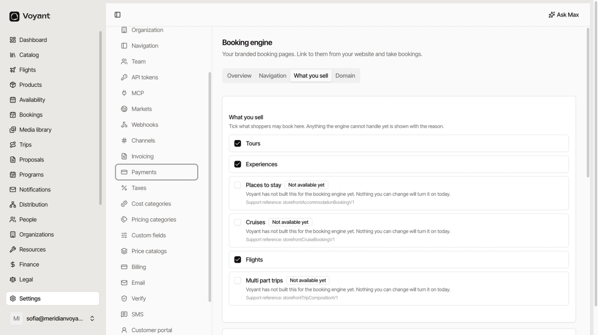 The what you sell tab of the booking engine settings, with tours, experiences and flights ticked, and places to stay, cruises and multi part trips marked not available yet