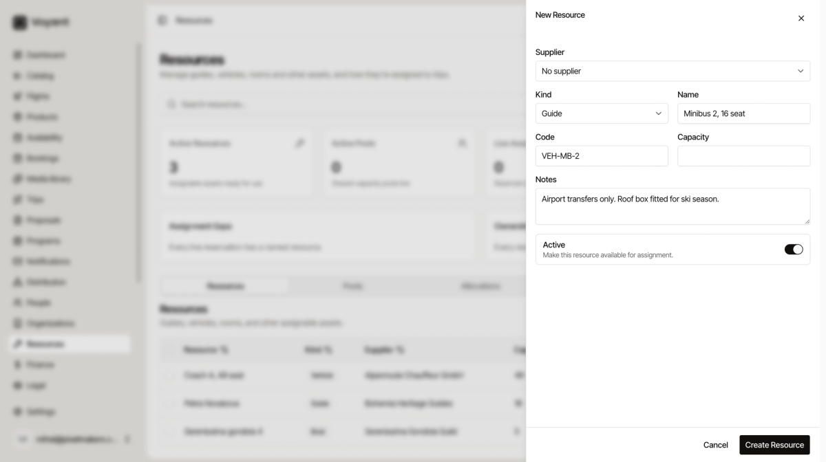 The New Resource panel with supplier, kind, name, code, capacity, notes and an active toggle