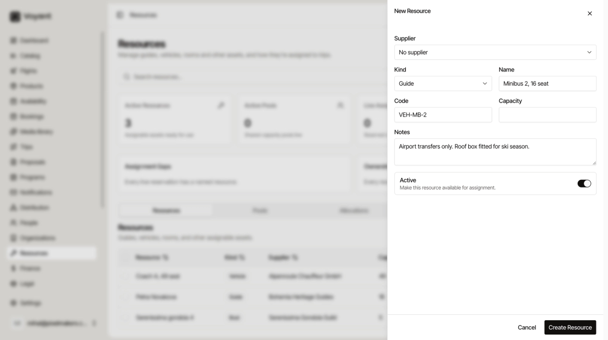The New Resource panel with supplier, kind, name, code, capacity, notes and an active toggle