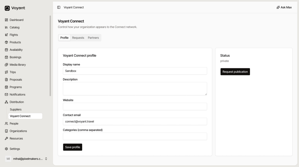 The Voyant Connect profile tab with fields for display name, description, website, contact email and categories, and a private status