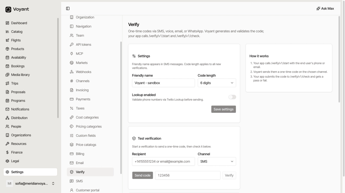 The verify settings page showing friendly name and code length settings, a test verification panel, and a log of recent attempts marked approved